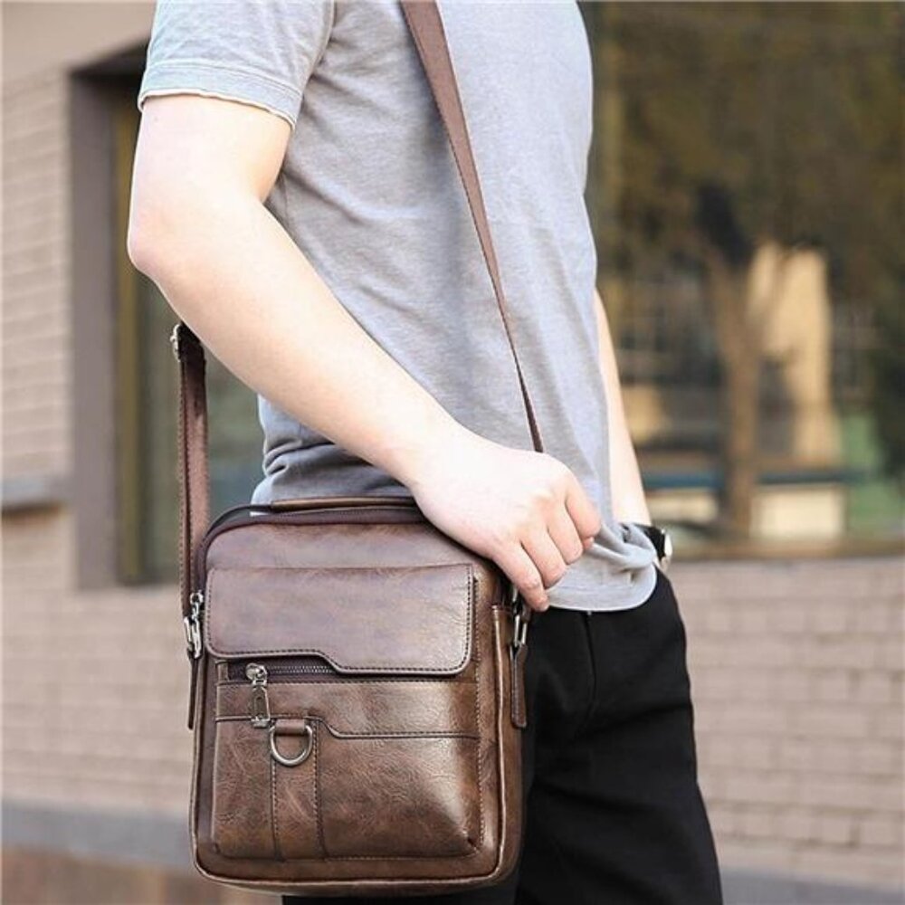 NEW Vintage Leather Mens Brown Crossbody Bag - Picture 2 of 7
